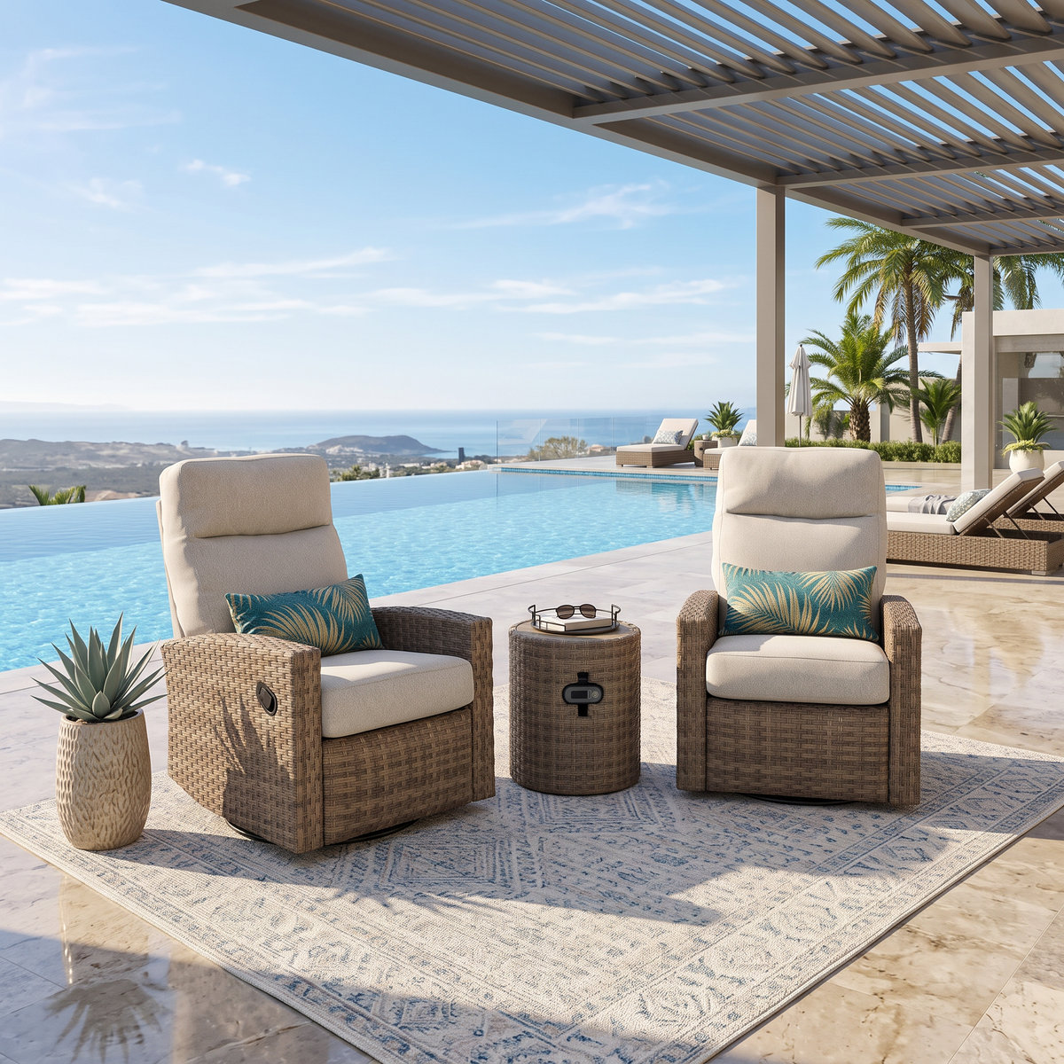 Newport Outdoor Speaker Bistro Set | 2PC Wicker Swivel Glider Recliner with Wosaic Speaker Table