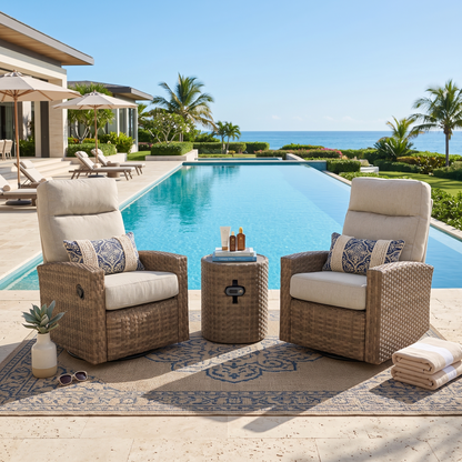 Newport Outdoor Speaker Bistro Set | 2PC Wicker Swivel Glider Recliner with Wosaic Speaker Table