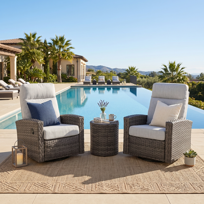Malibu II Outdoor Speaker Bistro Set | 2PC Wicker Swivel Glider Recliner with Wosaic Speaker Table