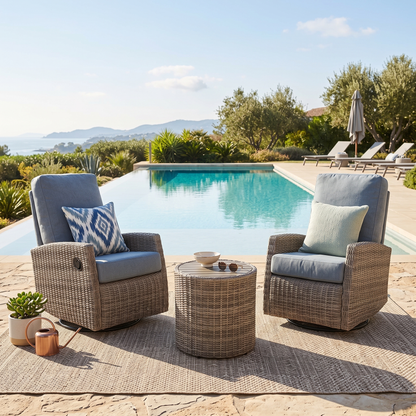 Keywest Outdoor Speaker Bistro Set | 2PC Wicker Swivel Glider Recliner with Wosaic Speaker Table