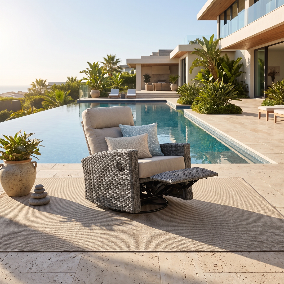 Malibu II Wicker Outdoor Swivel Glider Recliner in Sunbrella® Canvas Taupe  | Patio Lounge Chair