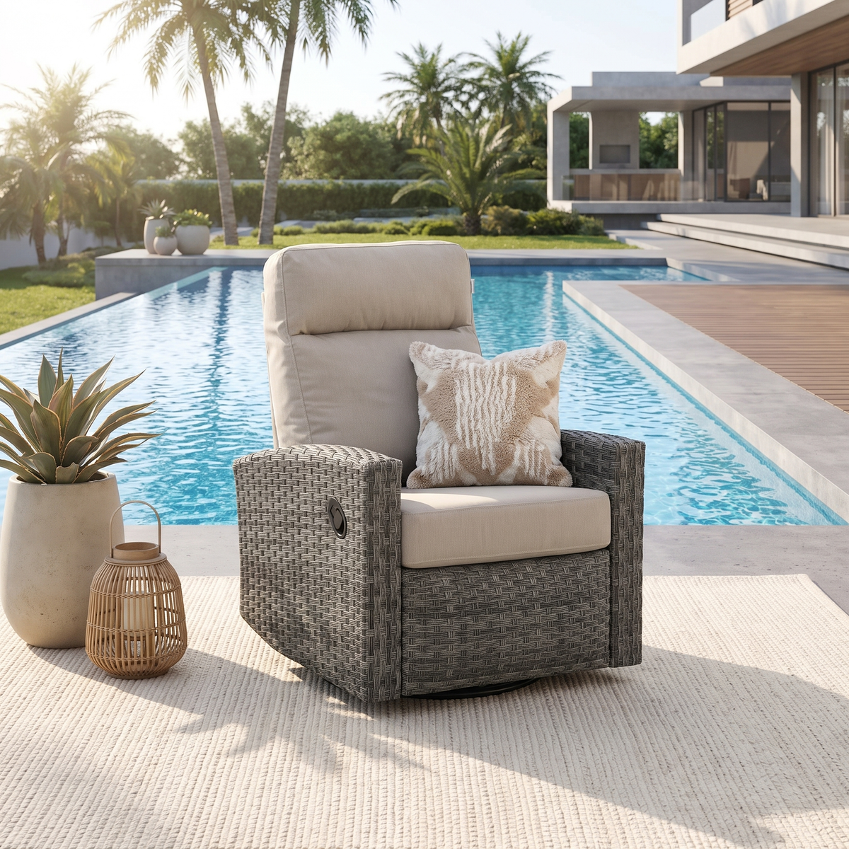 Malibu II Wicker Outdoor Swivel Glider Recliner in Sunbrella® Canvas Taupe  | Patio Lounge Chair