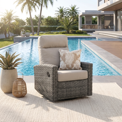 Malibu II Wicker Outdoor Swivel Glider Recliner in Sunbrella® Canvas Taupe  | Patio Lounge Chair
