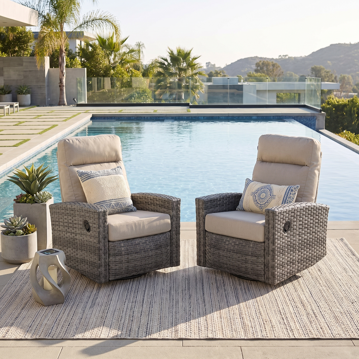 Pair of Malibu II Wicker Outdoor Swivel Glider Recliner in Sunbrella® Canvas Taupe  | Patio Lounge Chair x 2
