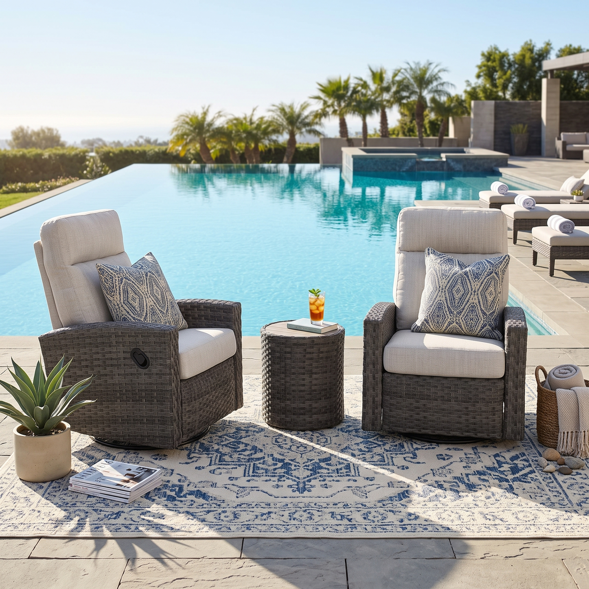 Malibu II Wicker Outdoor 2PC Swivel Glider Recliner and Wicker Side Table | Outdoor Bistro Set