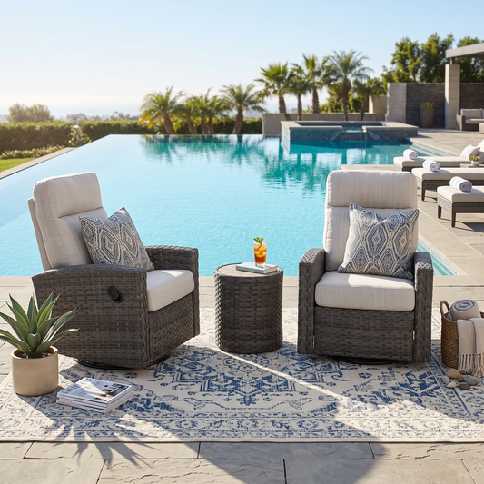Malibu II Wicker Outdoor 2PC Swivel Glider Recliner and Wicker Side Table | Outdoor Bistro Set