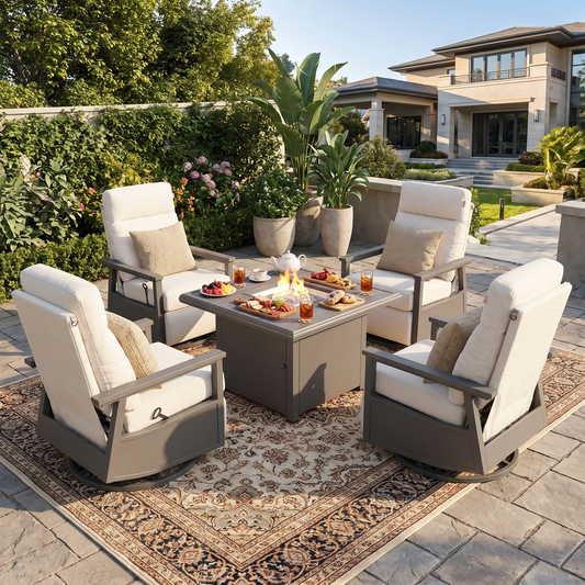 Huntington Outdoor Firepit Set | 4PC Aluminum Swivel Glider Recliners with Firepit Table in Sunbrella® Canvas Canvas