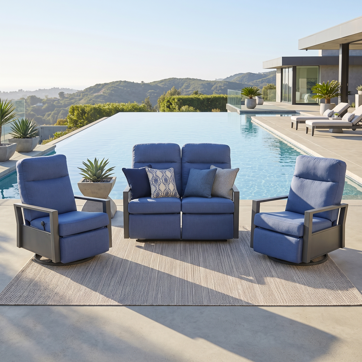 Shoreline 4-Seat Patio Aluminum Reclining Loveseat Conversation Set with Pair of Recliners | Outdoor Set