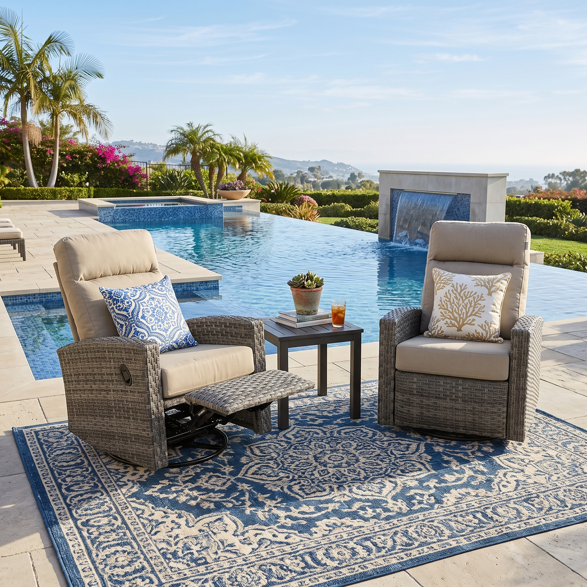 Malibu II Wicker Outdoor 2PC Swivel Glider Recliner in Sunbrella® Canvas Taupe and Side Table | Outdoor Bistro Set