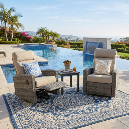 Malibu II Wicker Outdoor 2PC Swivel Glider Recliner in Sunbrella® Canvas Taupe and Side Table | Outdoor Bistro Set