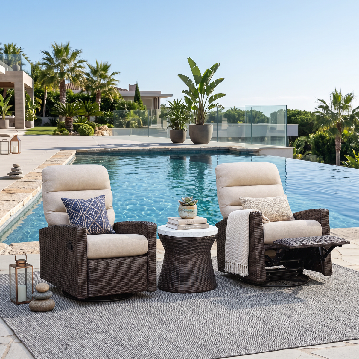 Monterey Espresso Wicker Outdoor 2PC Swivel Glider Recliner in Dune and Side Table | Outdoor Bistro Set