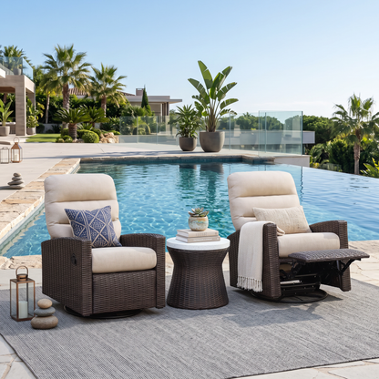 Monterey Espresso Wicker Outdoor 2PC Swivel Glider Recliner in Dune and Side Table | Outdoor Bistro Set