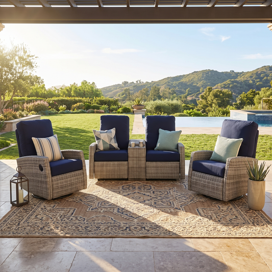 Keywest Outdoor Wicker Reclining Console Loveseat Conversation Set with a pair of recliners in Sunbrella® Navy | Outdoor Sofa Set