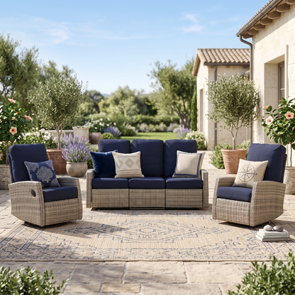 Keywest Outdoor Wicker Reclining Sofa Conversation Set with a pair of recliners in Sunbrella® Navy | Outdoor Sofa Set