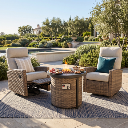 Newport Outdoor Firepit Bistro Set | 2PC Wicker Swivel Glider Recliner with Firepit Table