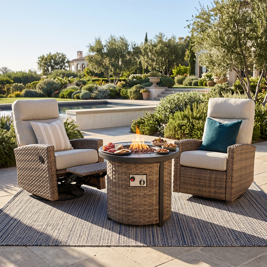 Newport Outdoor Firepit Bistro Set | 2PC Wicker Swivel Glider Recliner with Firepit Table