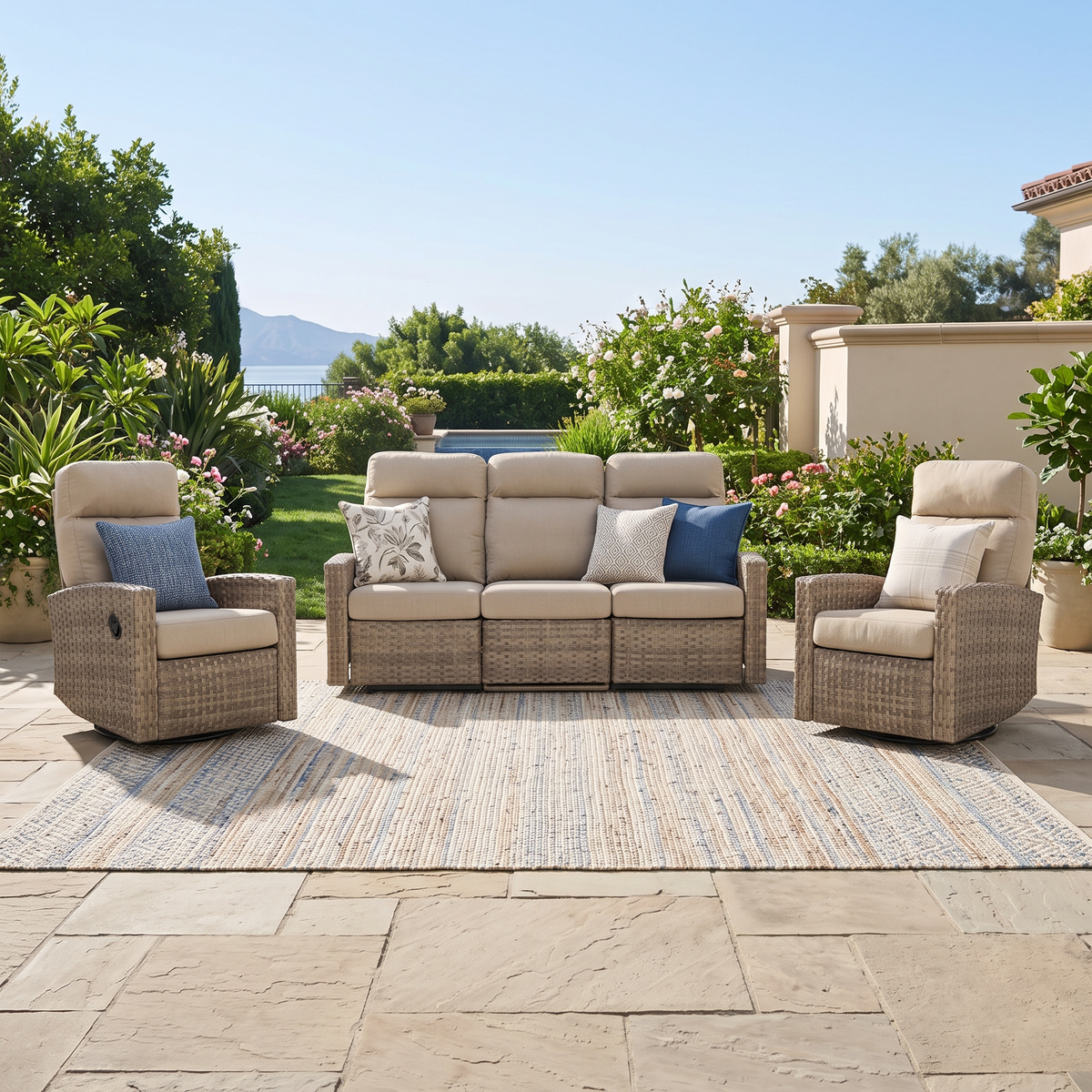 Newport Outdoor Wicker Reclining Sofa Conversation Set with a pair of Recliners in Sunbrella® Spectrum Mushroom | Outdoor Set