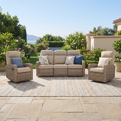 Newport Outdoor Wicker Reclining Sofa Conversation Set with a pair of Recliners in Sunbrella® Spectrum Mushroom | Outdoor Set