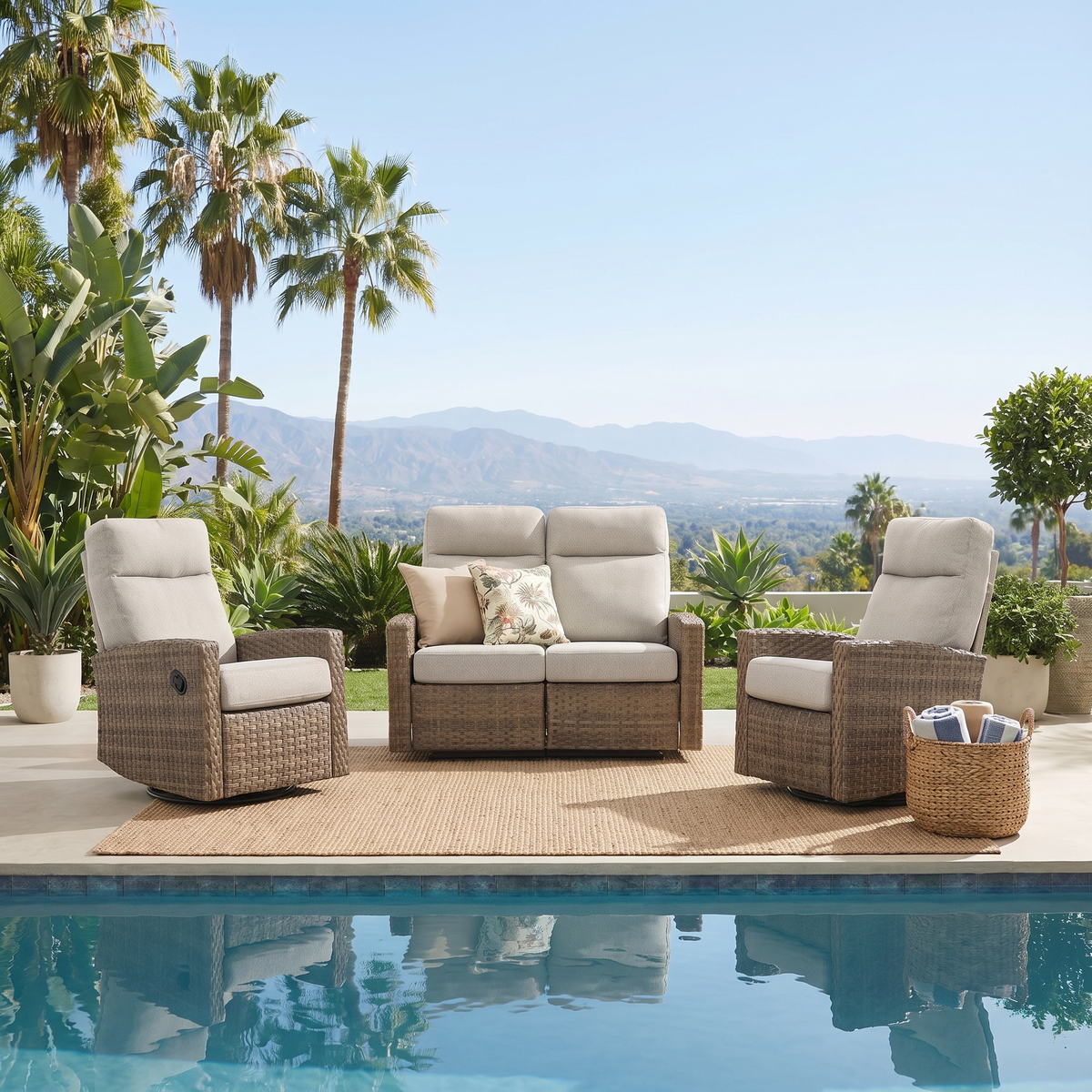 Newport Outdoor Wicker Reclining Loveseat Conversation Set with a pair of Recliners | Outdoor Set