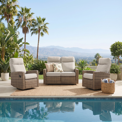Newport Outdoor Wicker Reclining Loveseat Conversation Set with a pair of Recliners | Outdoor Set
