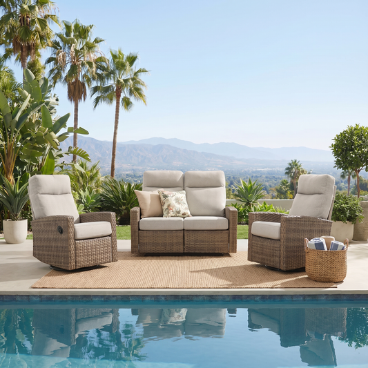 Newport Outdoor Wicker Reclining Loveseat Conversation Set with a pair of Recliners | Outdoor Set
