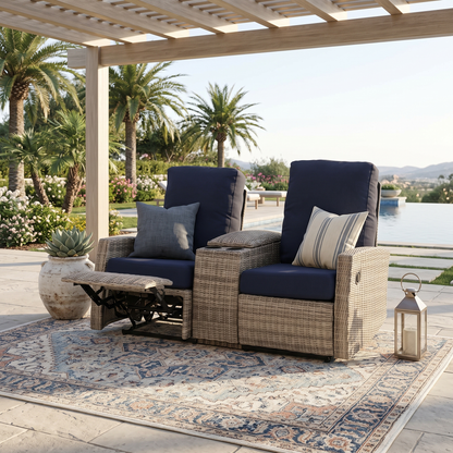 Keywest Outdoor Wicker Reclining Loveseat Sofa with Console in Sunbrella® Canvas Navy