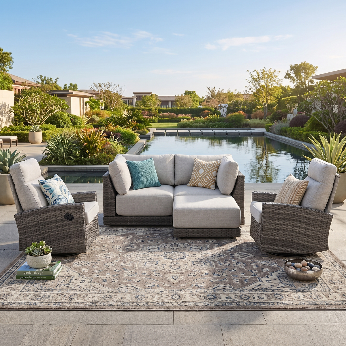 Malibu II 5-piece Patio Wicker Modular Sectional Sofa with Swivel Glider Recliners | Outdoor Set