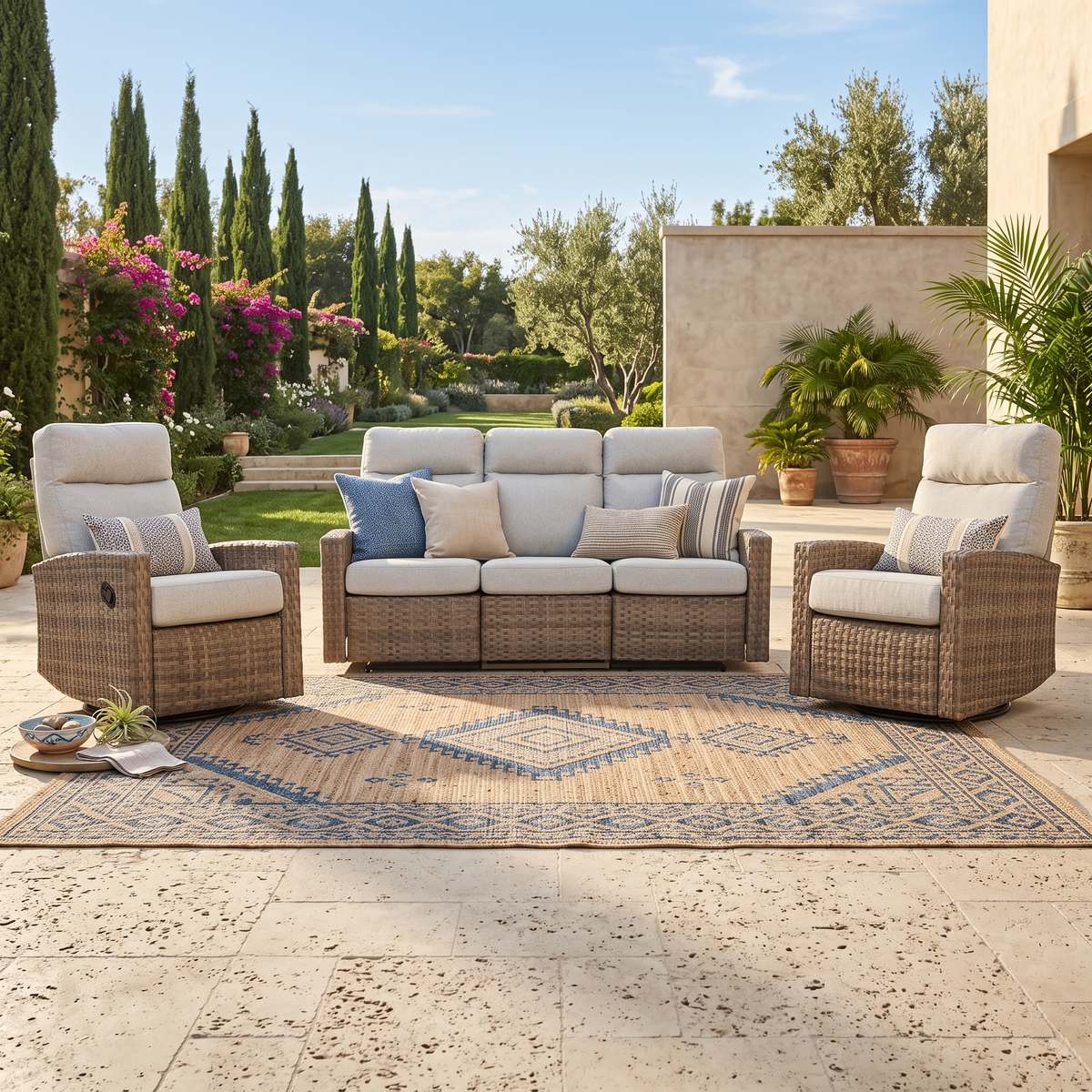 Newport Outdoor Wicker Reclining Sofa Conversation Set with a pair of Recliners | Outdoor Set