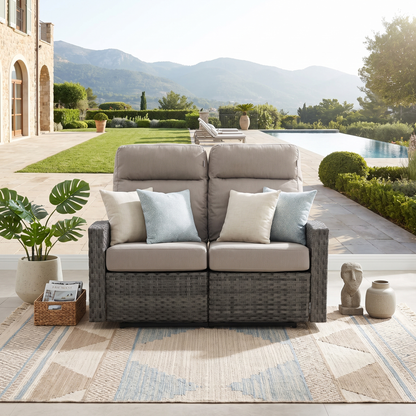 Malibu II Outdoor Wicker Reclining Loveseat Sofa in Sunbrella® Canvas Taupe