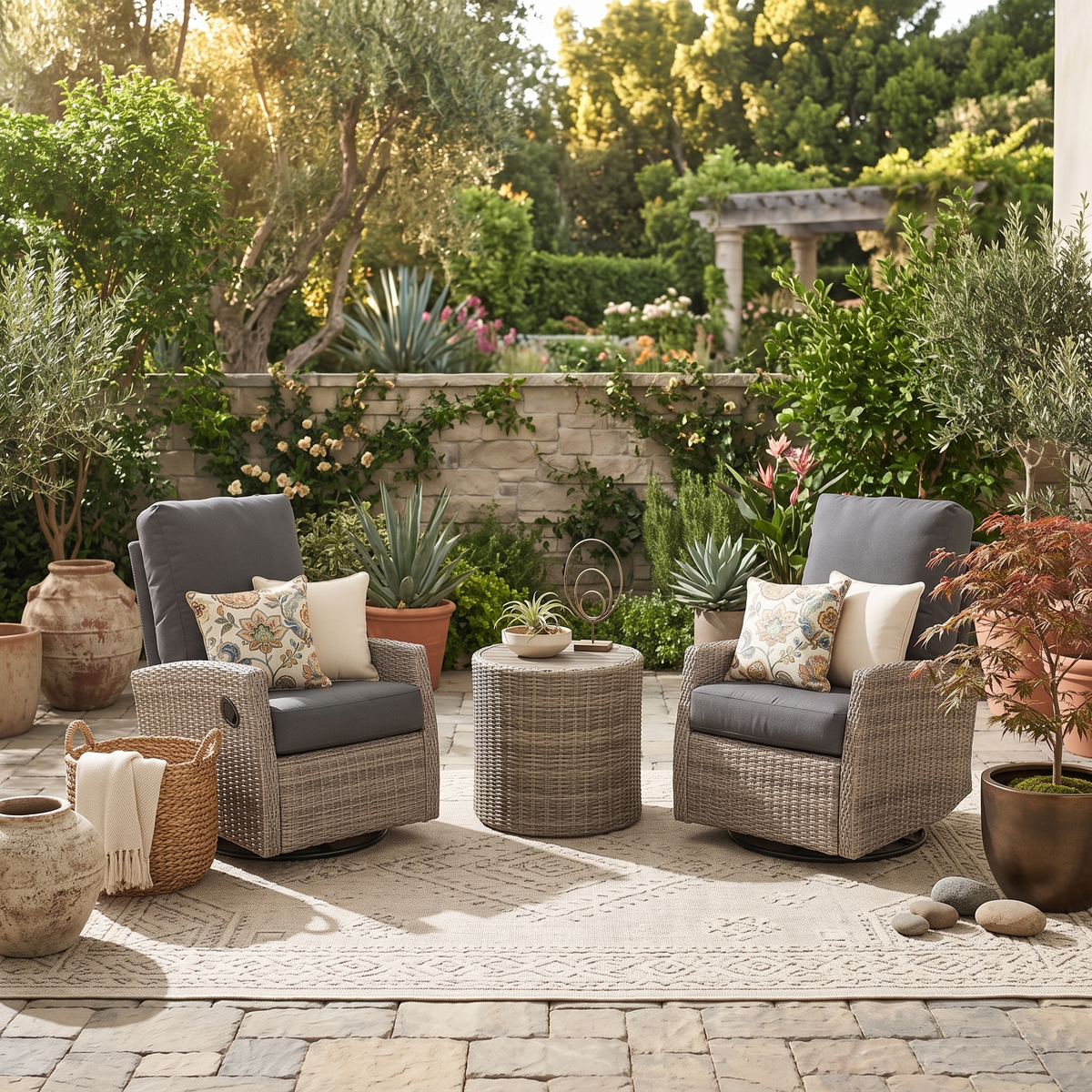 Keywest Wicker Outdoor 2PC Swivel Glider Recliner and Side Table in Sunbrella® Canvas Coal | Outdoor Bistro Set