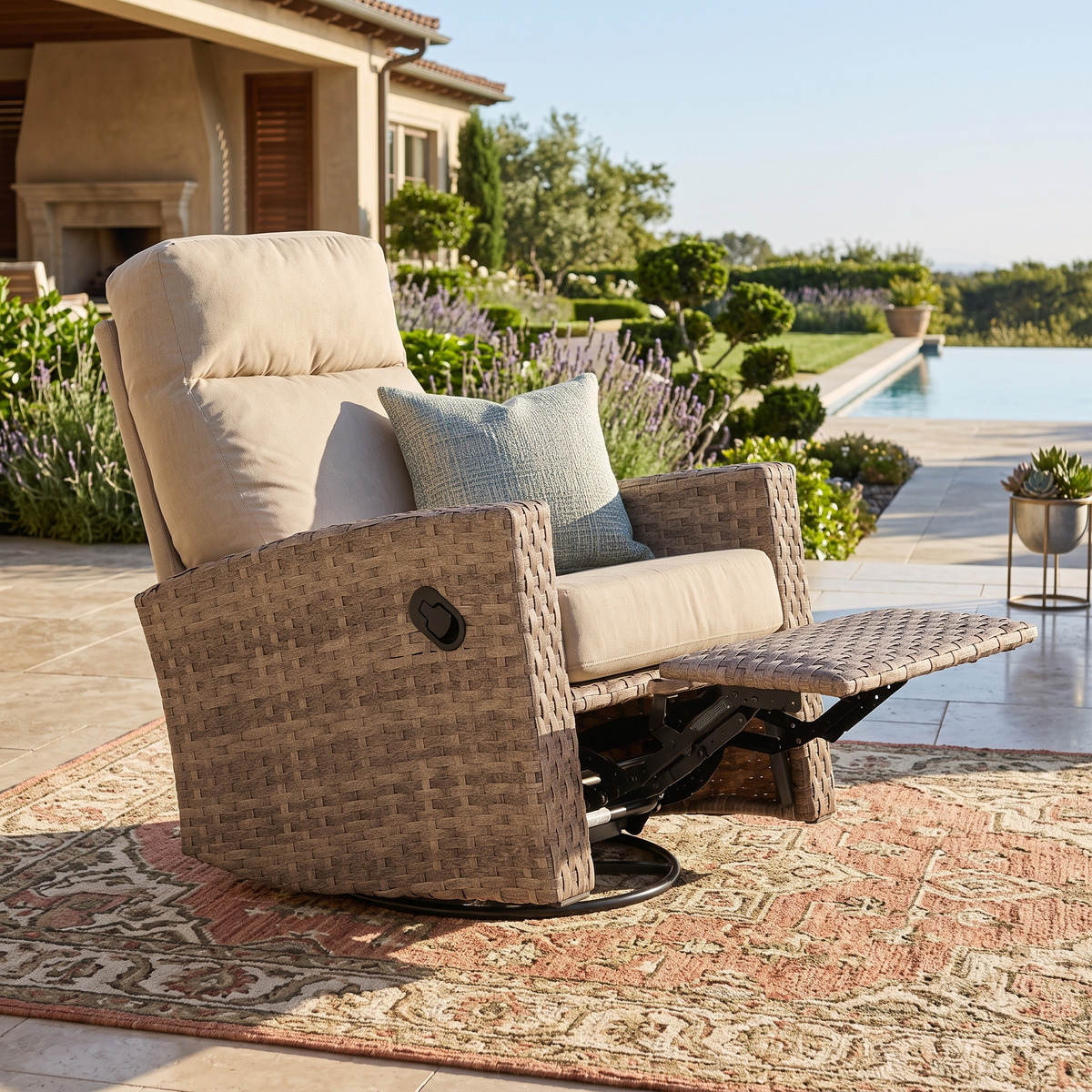 Newport Wicker Outdoor Swivel Glider Recliner in Sunbrella® Spectrum Mushroom