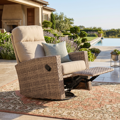 Newport Wicker Outdoor Swivel Glider Recliner in Sunbrella® Spectrum Mushroom