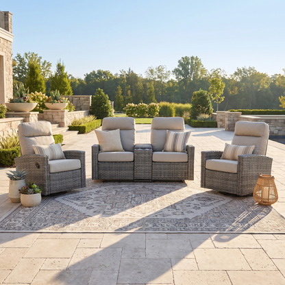 Malibu II Outdoor Wicker Reclining Console Loveseat Conversation Set with a pair of Recliners in Sunbrella® Canvas Taupe | Outdoor Set