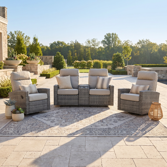 Malibu II Outdoor Wicker Reclining Console Loveseat Conversation Set with a pair of Recliners in Sunbrella® Canvas Taupe | Outdoor Set