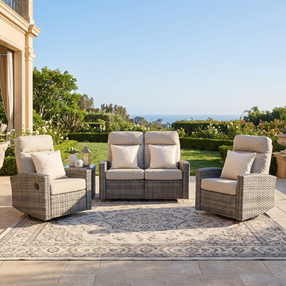 Malibu II Outdoor Wicker Reclining Loveseat Conversation Set with a pair of Recliners in Sunbrella® Canvas Taupe | Outdoor Set