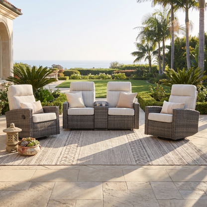 Malibu II Outdoor Wicker Reclining Console Loveseat Conversation Set with a pair of Recliners | Outdoor Set