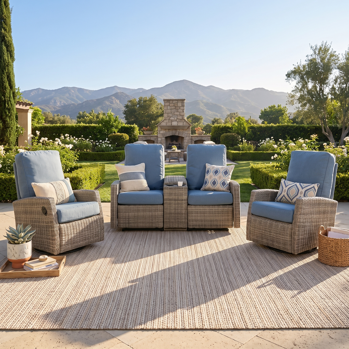Keywest Outdoor Wicker Reclining Console Loveseat Conversation Set with a pair of recliners- Dove Grey & Carolina Blue