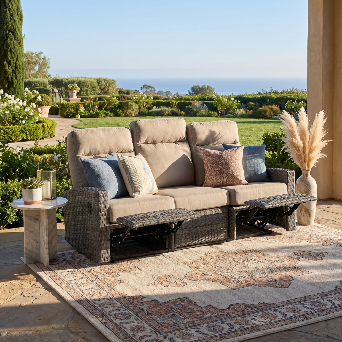 Malibu II Three-Seat Outdoor Wicker Reclining Sofa in Sunbrella® Canvas Taupe