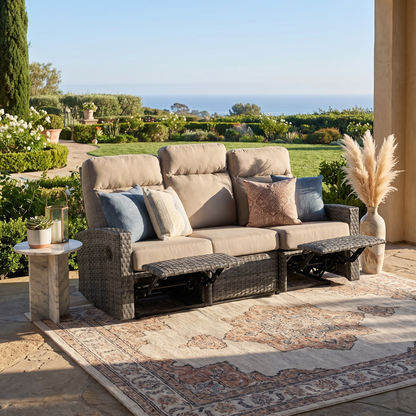 Malibu II Three-Seat Outdoor Wicker Reclining Sofa in Sunbrella® Canvas Taupe