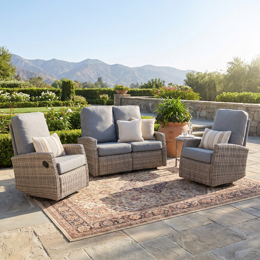 Keywest Outdoor Wicker Reclining Loveseat Conversation Set with a pair of recliners- Dove Grey & Carolina Blue