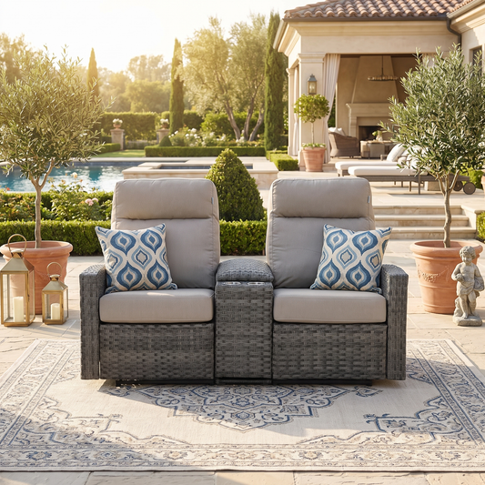Malibu II Outdoor Wicker Reclining Loveseat Sofa with Console in Sunbrella® Canvas Taupe