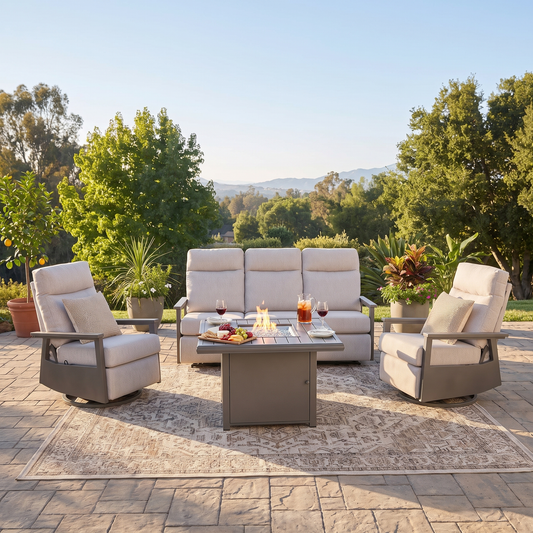Huntington 5-Seat Patio Aluminum Reclining Sofa Firepit Conversation Set with Pair of Recliners