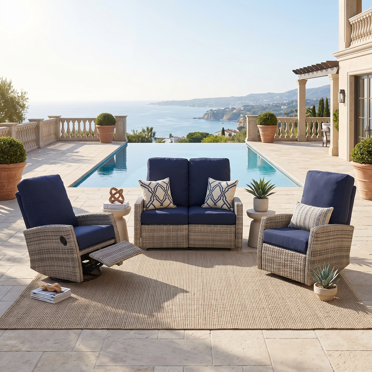 Keywest Outdoor Wicker Reclining Loveseat Conversation Set with a pair of recliners in Sunbrella® Navy | Outdoor Sofa Set
