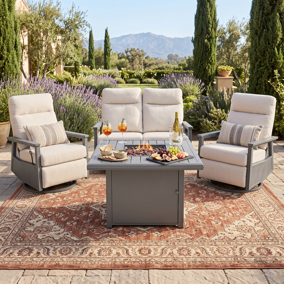 Huntington 4-Seat Patio Aluminum Reclining Loveseat Firepit Conversation Set with Pair of Recliners in Sunbrella® Canvas Canvas