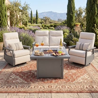 Huntington 4-Seat Patio Aluminum Reclining Loveseat Firepit Conversation Set with Pair of Recliners in Sunbrella® Canvas Canvas