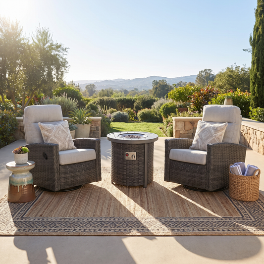 Malibu II Outdoor Firepit Bistro Set | 2PC Wicker Swivel Glider Recliner with Firepit Table