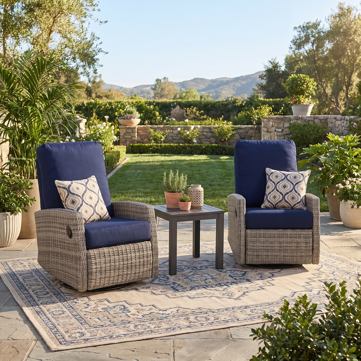 Keywest Wicker Outdoor 2PC Swivel Glider Recliner and Side Table in Sunbrella® Canvas Navy | Outdoor Bistro Set
