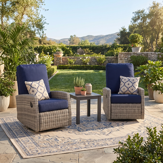 Keywest Wicker Outdoor 2PC Swivel Glider Recliner and Side Table in Sunbrella® Canvas Navy | Outdoor Bistro Set