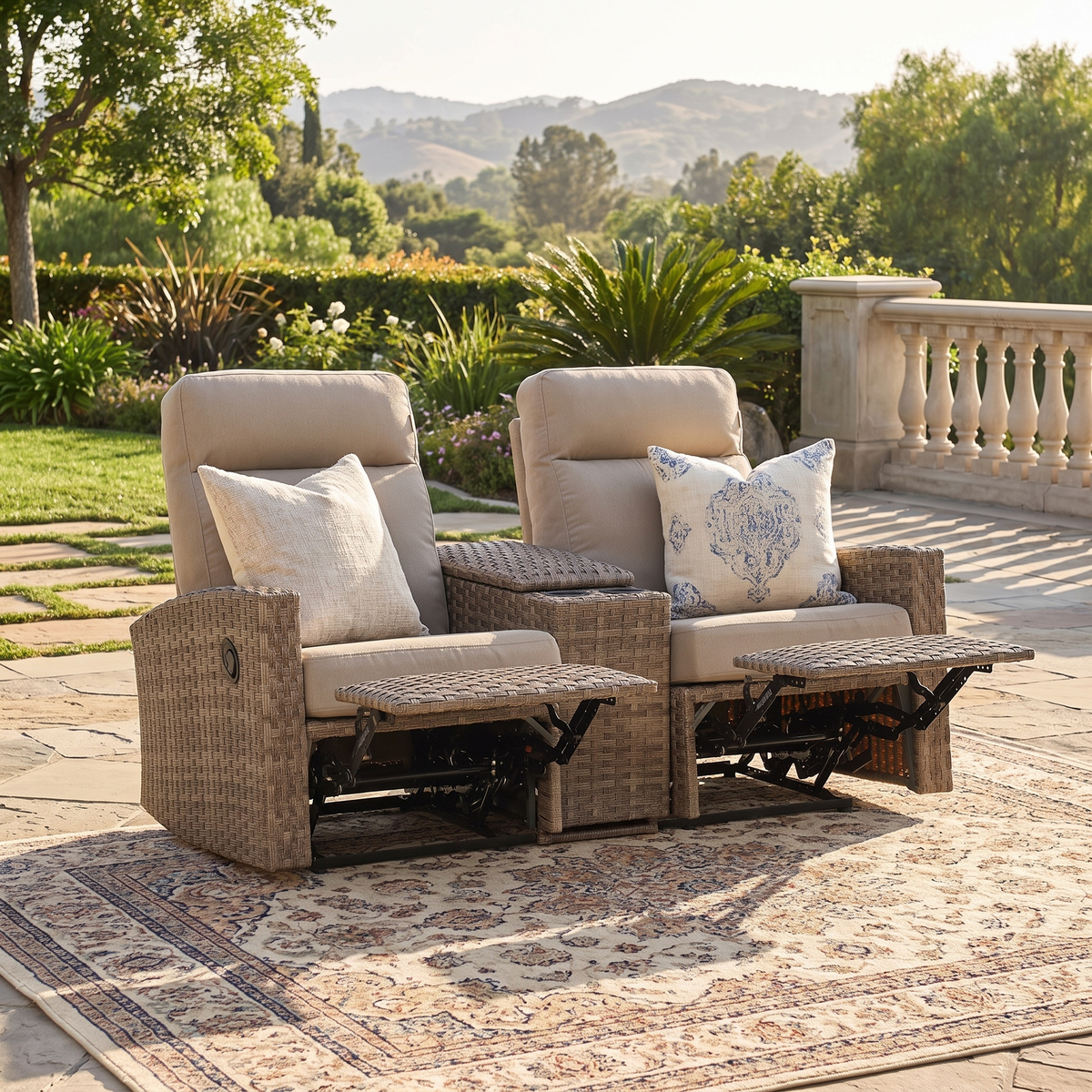 Newport Outdoor Wicker Reclining Loveseat Sofa with Console in Sunbrella® Spectrum Mushroom