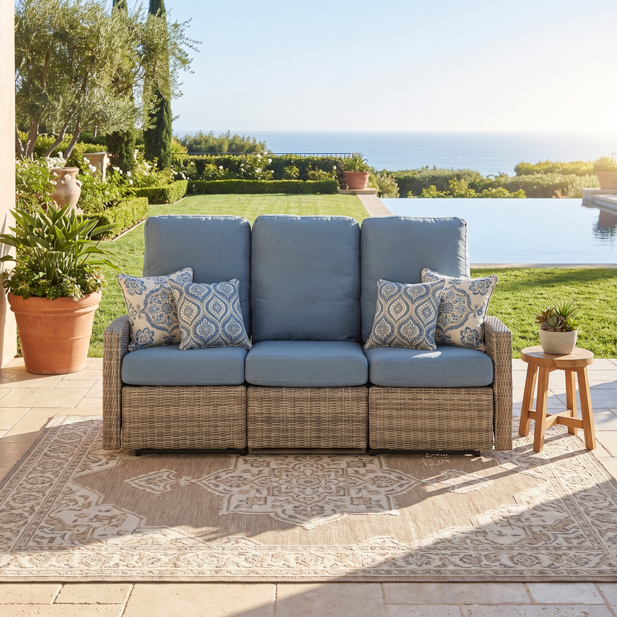 Keywest Three-Seat Outdoor Wicker Reclining Sofa - Dove Grey & Carolina Blue